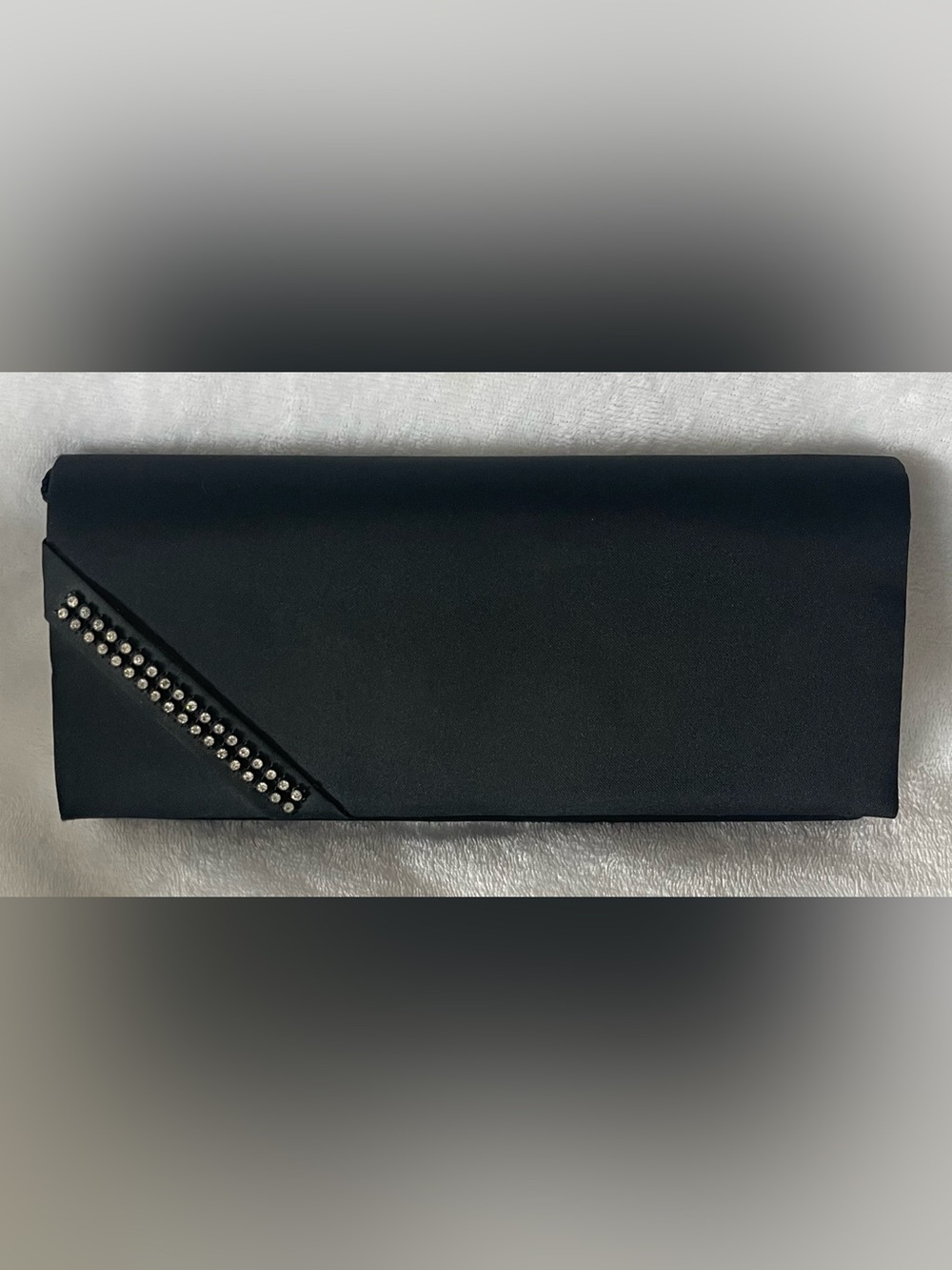 New Black Satin Jeweled Evening Clutch w Rhinestone Embellishment & Cord Strap